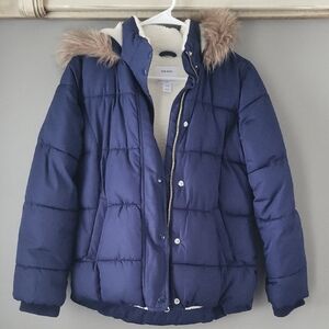 Old Navy Dark Blue Puffer Jacket with Faux Fur Trim